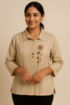 Beige Hand-Embroidered Shirt in Cotton-Linen Blend