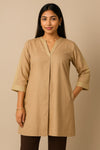 Beige Pure Linen Dress with Lace Detailing