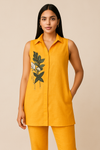 Orange Linen Sleeveless Top with Applique work