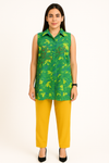 Green Linen Sleeveless Top with Handwork