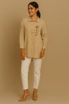 Beige Hand-Embroidered Shirt in Cotton-Linen Blend