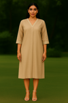 Beige Pure Linen Dress with Lace Detailing